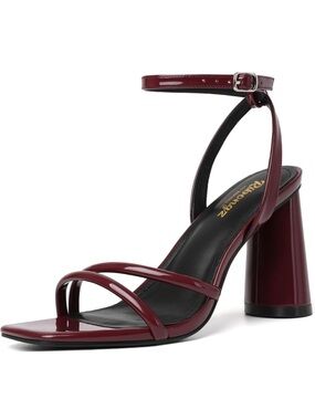Burgundy Patent Strap Block-Heel Sandals